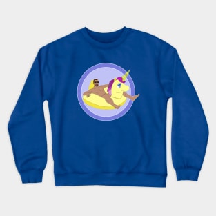 Man lying on inflatable unicorn inflatable buoy Crewneck Sweatshirt